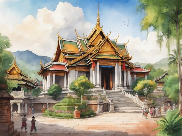 Auf dem Bild ist ein wunderschöner Tempel zu sehen, der von üppiger Natur umgeben ist. Die Architektur weist traditionelle thailändische Elemente auf, mit prächtigen Dächern und kunstvollen Verzierungen. Im Vordergrund sieht man einen pfleglich gestalteten Garten und Menschen, die sich in der Umgebung aufhalten. Dieses Bild spiegelt die Schönheit von Chiang Mai wider und lädt dazu ein, die Kultur und die Traditionen dieser faszinierenden Stadt zu entdecken.