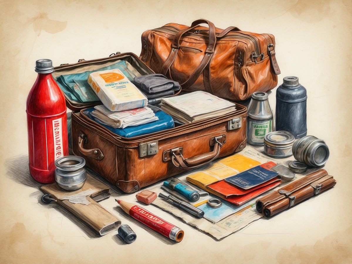 Auf dem Bild ist eine offene Reisetasche zu sehen, die gefüllt ist mit verschiedenen Gegenständen. Darunter befinden sich Medikamente in einem Blisterpack, ein roter Wasserbehälter sowie mehrere Notizbücher und Dokumente. Neben der Tasche liegen verschiedene Utensilien wie eine kleine Tasse, eine Holzkonstruktion, ein Bleistift, eine Schraube, Metallbehälter und Papiere. Das Bild vermittelt den Eindruck einer gut ausgestatteten Reiseapotheke und ist sorgfältig angeordnet, um die Praktikabilität für eine Reise darzustellen.