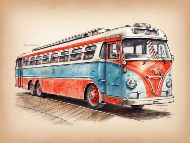 Auf dem Bild ist ein nostalgischer Reisebus zu sehen, der in einem auffälligen Rot-Blau gestaltet ist. Solche Busse sind oft mit Ausflügen und Exkursionen verbunden, da sie eine bequeme Möglichkeit bieten, Gruppen zu transportieren. Sie könnten für Tagesausflüge in die Natur oder zu Sehenswürdigkeiten eingesetzt werden. Die Gestaltung des Busses erinnert an vergangene Zeiten, als Reisen mit dem Bus eine beliebte Art war, neue Orte zu entdecken und Abenteuer zu erleben. Ideal für einen Schulausflug oder einen Familienausflug, könnten diese Busse durch malerische Landschaften fahren und unvergessliche Erinnerungen schaffen.