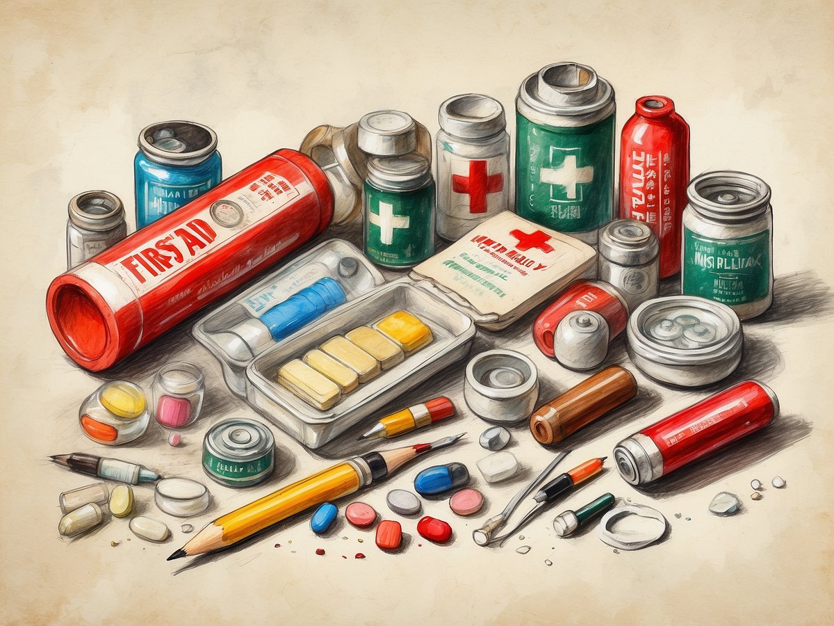 Auf dem Bild sind verschiedene Medikamente, Erste-Hilfe-Artikel und Utensilien zu sehen, die in einer Reiseapotheke enthalten sein könnten. Es gibt runde und ovale Pillen in unterschiedlichen Farben sowie Tabletten in einer Plastikhülle. Verschiedene Behälter sind sichtbar, darunter eine rote Erste-Hilfe-Box und kleine Dosen in grüner und blauer Farbe, die medizinische Produkte enthalten könnten. Außerdem sind Stifte und eine Pinzette auf dem Tisch verteilt. Das gesamte Arrangement vermittelt den Eindruck einer gut ausgestatteten Reiseapotheke, die für verschiedene gesundheitliche Bedürfnisse vorbereitet ist.