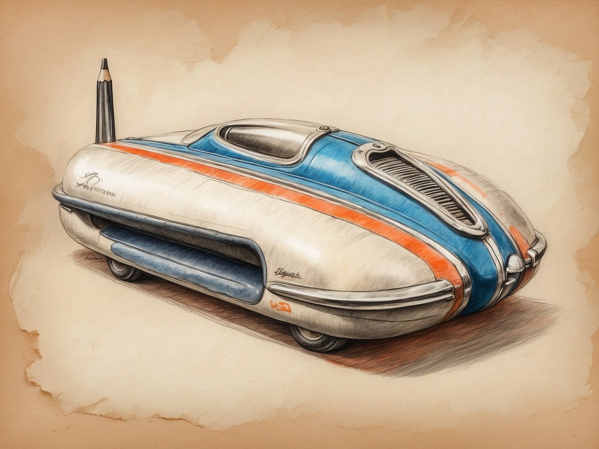 Eine futuristisch gestaltete Fahrzeugskizze, die wie ein aerodynamisches Raumschiff aussieht. Die Karosserie ist überwiegend in Weiß gehalten und mit blauen und orangefarbenen Streifen verziert. An der Rückseite des Fahrzeugs befindet sich ein Bleistift, der ihm ein kreatives und verspieltes Aussehen verleiht. Die Konturen sind weich und geschwungen, was den Eindruck von Beweglichkeit und Geschwindigkeit vermittelt. Der Hintergrund ist in einem sanften, neutralen Farbton gehalten, der die Details des Fahrzeugs hervorhebt.