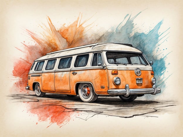 Auf dem Bild ist ein orangefarbener Volkswagen-Bus zu sehen. Es handelt sich um eine künstlerische Darstellung, die mit Wasserfarben und Aquarellstil einen lebendigen Hintergrund in verschiedenen Farben kombiniert. Der VW-Bus ist ein klassisches Fahrzeug, das oft mit Freiheit, Abenteuer und Reisen assoziiert wird. 

Im Sinne von „Dialog im Dunkeln“ könnte man sagen, dass diese Darstellung dazu anregt, die Sinne auf andere Weise zu erleben, indem man die Form und die Farben im Kopf entstehen lässt, ähnlich wie bei der Erfahrung, in der Dunkelheit zu sein und den Fokus auf andere Wahrnehmungen zu lenken.