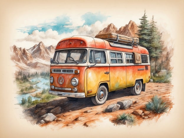 Auf dem Bild ist ein farbenfroher Volkswagen-Bus zu sehen, der in einer malerischen Landschaft geparkt ist. Die Umgebung besteht aus Bergen und einem Fluss, was auf eine ideale Kulisse für Outdoor-Aktivitäten hinweist. 

Dieser Bus könnte perfekt für Aktivitäten wie Camping, Roadtrips oder Picknicks genutzt werden. Er spricht Abenteuerlustige an, die die Natur genießen möchten. Außerdem könnte man in der Umgebung Wandern, Angeln oder einfach nur die Ruhe der Natur genießen. Solche Freizeitaktivitäten bieten viele Möglichkeiten zur Entspannung und Erholung.