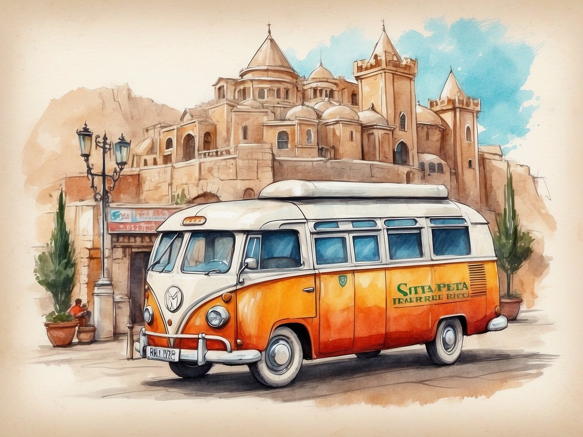 Ein farbenfroher Oldtimer-Bus steht vor einer historischen Architektur in einer mediterranen Landschaft. Der Bus ist orange-weiß lackiert und trägt die Aufschrift einer Reiseagentur. Im Hintergrund sind beeindruckende, steinerne Gebäude mit Türmen und Bögen sichtbar. Palmen und Laternen ergänzen die Szenerie, die eine einladende Urlaubsatmosphäre vermittelt. Der Himmel ist blau und sonnig, was die Freude am Reisen in der Türkei symbolisiert.