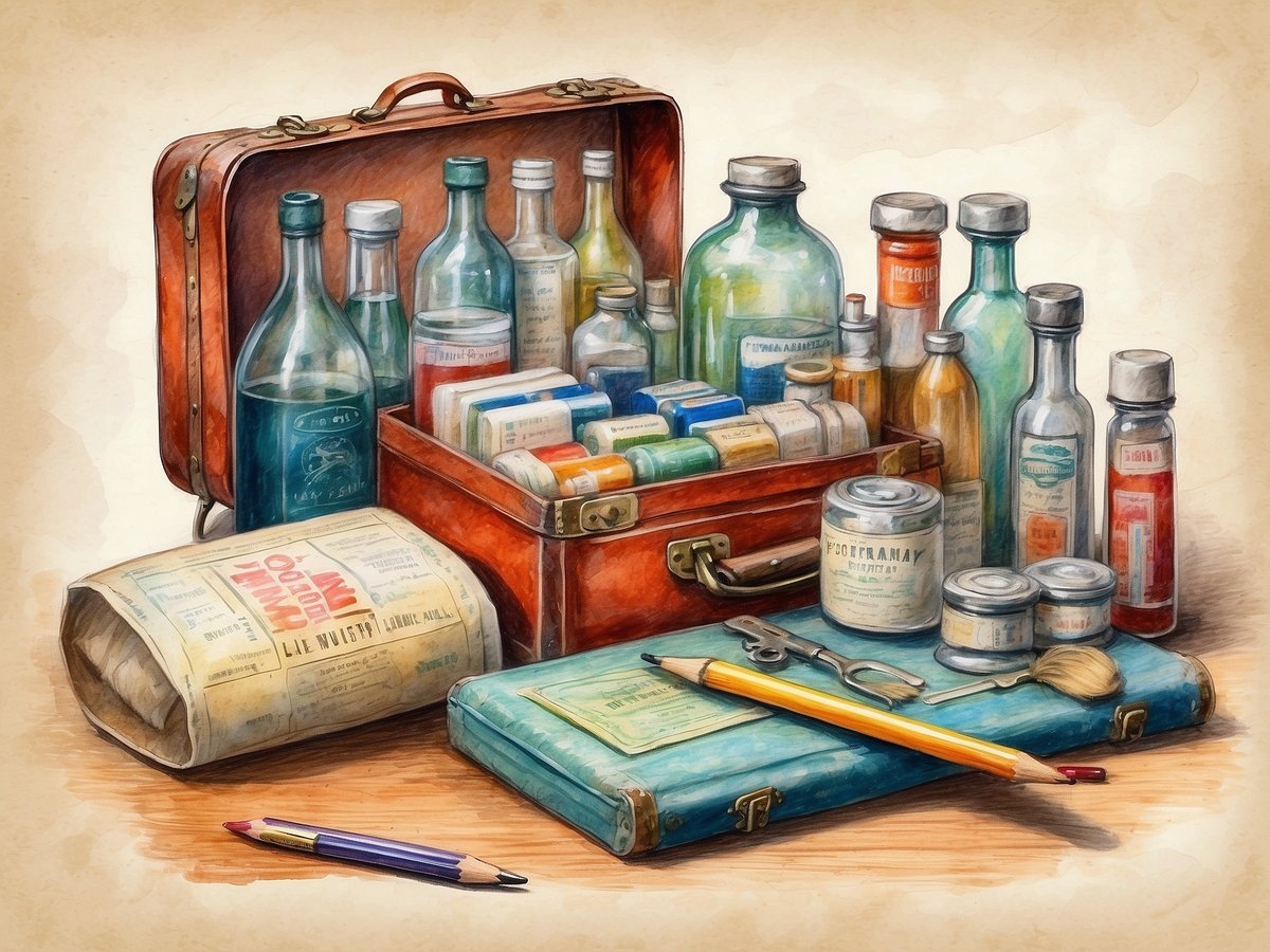 Auf dem Bild ist eine altmodische Reiseapotheke zu sehen. Sie besteht aus einer großen, offenen braunen Reisetasche, die verschiedene Fläschchen und Dosen enthält. Daneben befindet sich ein zusammengefaltetes Papier, das mit alten Arzneimittelinformationen bedruckt ist. Zusätzlich sind eine grüne Mappe, eine gelbe Bleistift, eine Schere und ein Pinsel abgebildet. Die verschiedenen Behälter sind in verschiedenen Größen und Formen und haben unterschiedliche Beschriftungen, die auf zahlreiche Medikamente hinweisen. Der Hintergrund ist in sanften, neutralen Tönen gehalten.
