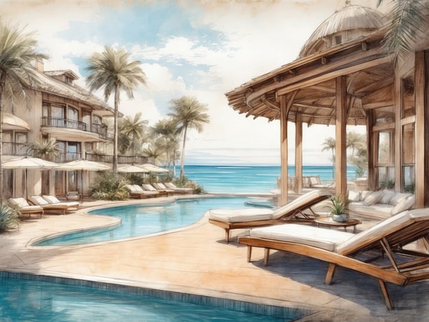 Auf dem Bild ist ein Resort mit einem herrlichen Poolbereich und Blick auf das Meer zu sehen. Die Architektur zeichnet sich durch ein modernes, tropisches Design aus, mit großen Fenstern und einer überdachten Terrasse. Rund um den Pool sind Sonnenliegen aufgestellt, die zum Entspannen einladen, während Palmen und Grünpflanzen eine entspannte Urlaubsatmosphäre schaffen. Die Kombination aus Wasser, Pflanzen und architektonischen Elementen vermittelt ein Gefühl von Luxus und Erholung in einem tropischen Paradies.