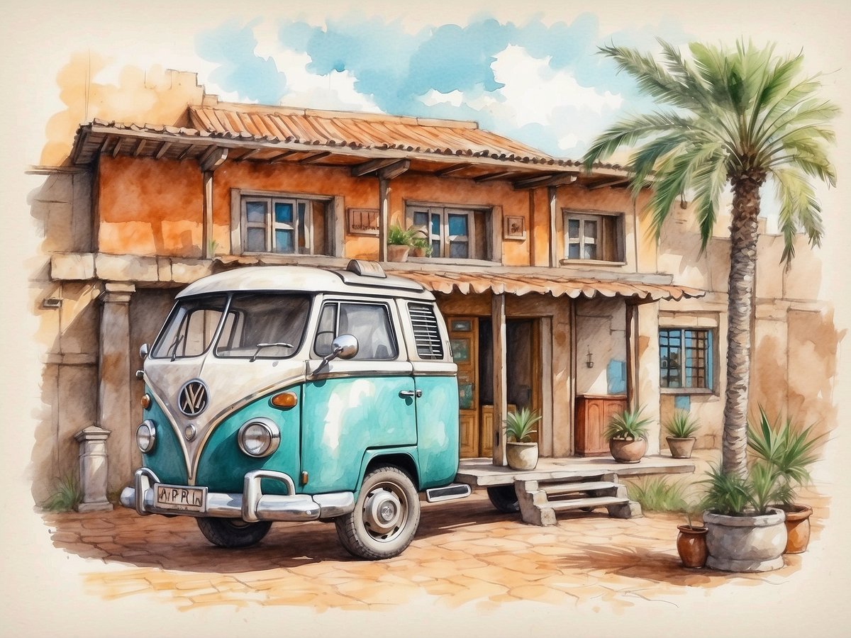 Eine bunte VW-Bus steht vor einem charmanten, rustikalen Gebäude in einem sonnigen, tropischen Umfeld. Das Haus hat eine warme Farbgebung in Orange und Beige und verfügt über Holzfenster und einen Balkon. Vor dem Eingang sind einige Pflanzen und Töpfe aufgestellt. Die Umgebung wird von einer Palme und anderen grünen Pflanzen geprägt, die das entspannte, urlaubsähnliche Ambiente unterstreichen. Der Himmel ist blau mit einigen Wolken, was auf schönes Wetter hinweist.