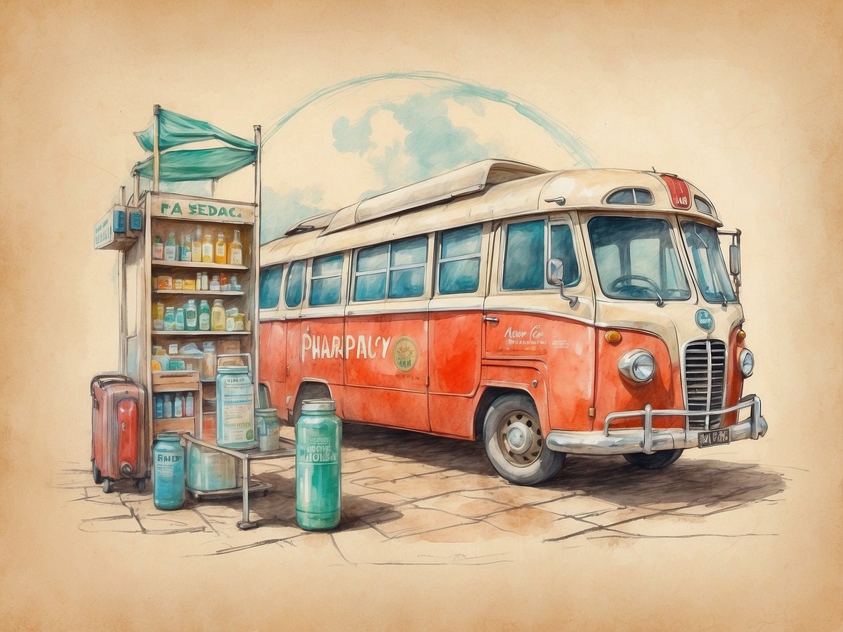 Ein historischer, rot-weißer Reisebus steht auf einem gepflasterten Platz. Neben dem Bus befindet sich eine kleine Apotheke im Freien mit Regalen, die verschiedene gefüllte Flaschen und Verpackungen zeigen. Auf einem der Schilder ist das Wort "PHARMACY" deutlich zu erkennen. Bei dem Bus sind auch ein rotes Gepäckstück und einige große Glasbehälter sichtbar. Der Hintergrund ist leicht beige, mit angedeuteten Wolken.