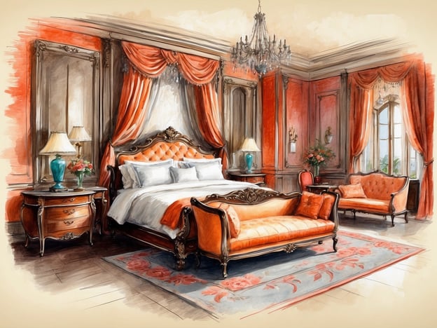 Auf dem Bild ist ein elegantes Schlafzimmer im klassischen Stil zu sehen. Es enthält ein großes, gepolstertes Bett mit weißen Bettwäsche, einen opulenten Sessel und eine Couch in warmen Orangetönen. Die Wände sind mit roten Vorhängen und verzierten Rahmen dekoriert, ergänzt durch eine stilvolle Deckenleuchte und einen Tisch mit einer Lampe sowie Blumen in einer Vase. Diese Einrichtung könnte gut zu den luxuriösen und geschmackvollen Designs von Anantara Hotels & Resorts passen, die oft eine Kombination aus modernem Komfort und traditionellem Stil bieten.