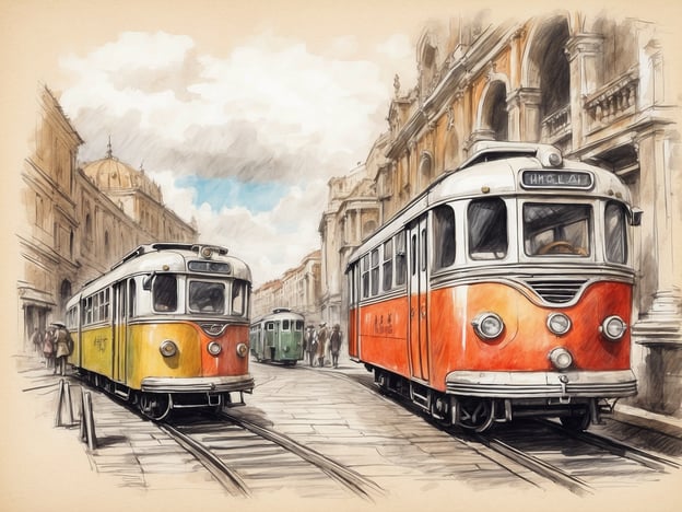 Auf dem Bild ist eine malerische Szene in einer Stadt zu sehen, die von historischen Straßenbahnen geprägt ist. Zwei prominent dargestellte Straßenbahnen stehen auf den Schienen, eine in leuchtendem Orange und die andere in Gelb. Im Hintergrund sind elegante Gebäude mit architektonischen Details zu erkennen, und es gibt einen teilweise bewölkten Himmel. Passanten, die modisch gekleidet sind, scheinen die Umgebung zu erkunden. Die Darstellung vermittelt ein nostalgisches Flair und erinnert an eine einst lebendige Stadtkultur.