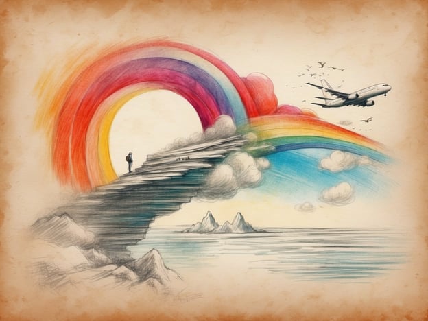 Auf dem Bild ist eine fantasievolle Landschaft mit einem Regenbogen zu sehen, der sich über einem steilen Felsen ausbreitet. Eine Person steht am Rand des Felsens und blickt auf das weite Meer, während ein Flugzeug am Himmel vorbeifliegt. Die bunten Farben des Regenbogens verleihen dem Szenario eine lebendige und hoffnungsvolle Stimmung, während die Wolken und Berge im Hintergrund eine friedliche Atmosphäre schaffen.

Abschließend lässt sich sagen, dass das Bild eine Mischung aus Abenteuer und Träumen darstellt, möglicherweise symbolisch für die Suche nach neuen Horizonten und Möglichkeiten. Es inspiriert dazu, den eigenen Weg zu gehen und neue Ziele zu verfolgen. Auf Wiedersehen!