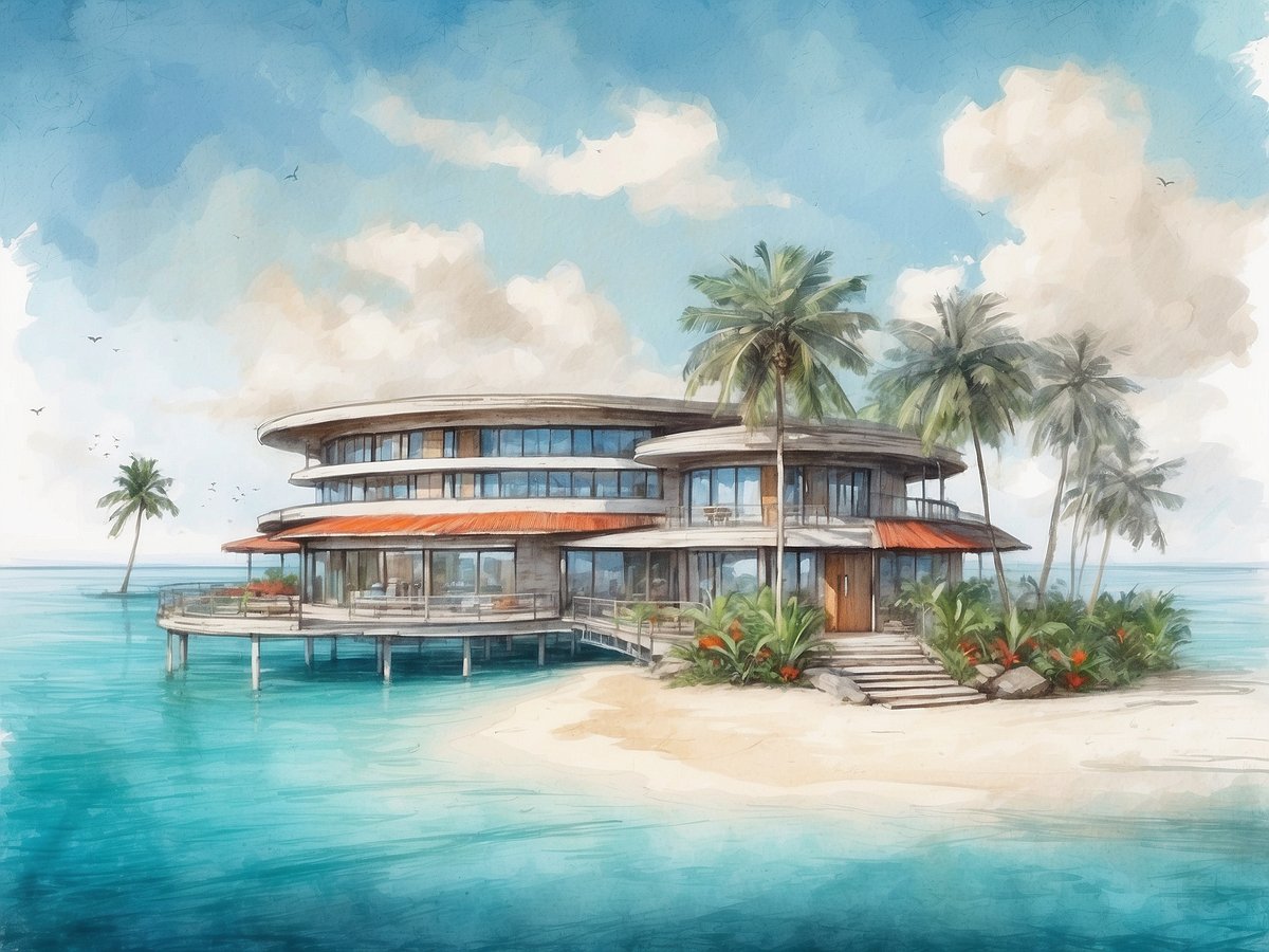 Ein modernes Strandresort auf stilvollen Säulen, umgeben von türkisfarbener Lagune und feinem Sandstrand. Palmen säumen die Umgebung und bringen tropische Eleganz. Das Gebäude hat große Fenster und ein einladendes, offenes Design. Im Hintergrund sind weiche Wolken am blauen Himmel zu sehen, die eine entspannende Urlaubsstimmung vermitteln. Dieses Bild spiegelt das idyllische Paradies der Malediven wider und vermittelt ein Gefühl von Entspannung und Luxus.