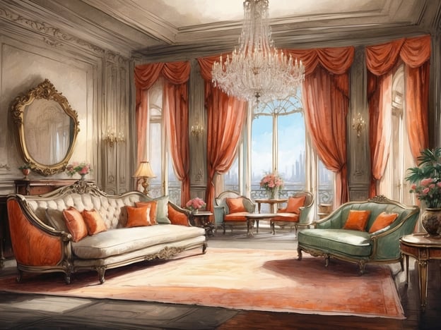 Auf dem Bild ist ein luxuriöses Wohnzimmer zu sehen, das durch seine opulente Einrichtung besticht. Die Wände sind mit aufwendigen Verzierungen dekoriert, und große Fenster lassen viel Tageslicht herein. Ein eleganter Kronleuchter strahlt festliches Licht aus. Die Möbel umfassen ein opulent gestaltetes Sofa mit zarten Polstern und feinen Details, sowie bequeme Sessel in hochwertigen Stoffen. Die Farben sind elegant abgestimmt, mit zarten Akzenten in Orange und Grün. Eine stilvolle Blumenanordnung auf dem Tisch ergänzt das luxuriöse Ambiente, während die drapierten Vorhänge dem Raum einen Hauch von Dramatik verleihen.