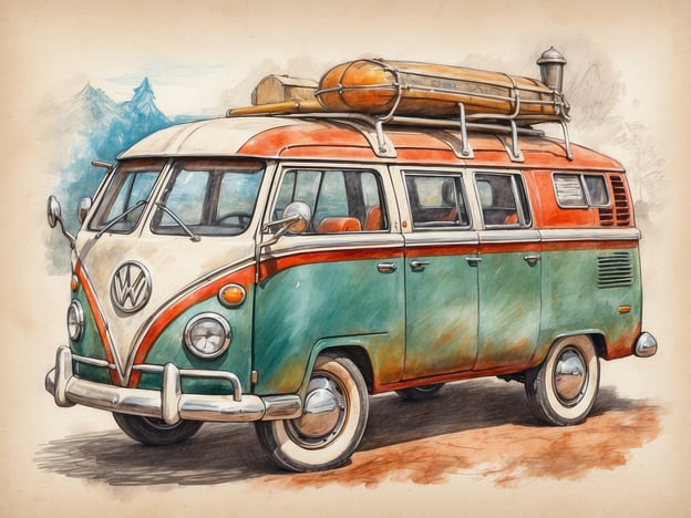 Auf dem Bild ist ein klassischer Volkswagen Bus zu sehen, der oft mit Reisen und Abenteuern in Verbindung gebracht wird. Die farbenfrohe Lackierung in Grün und Orange sowie das Dachgepäckträger, der möglicherweise für Surfbretter oder Campingausrüstung genutzt wird, deuten darauf hin, dass er für Outdoor-Aktivitäten gedacht ist. 

Dieser Bus könnte in einer malerischen Umgebung geparkt sein, die sich ideal für Erkundungen eignet, wie beispielsweise nahe einem Strand oder in den Bergen. Aktivitäten wie Camping, Surfen oder einfach nur das Erkunden der Natur sind mit diesem Fahrzeug eng verbunden. Es vermittelt ein Gefühl von Freiheit und Abenteuerlust!