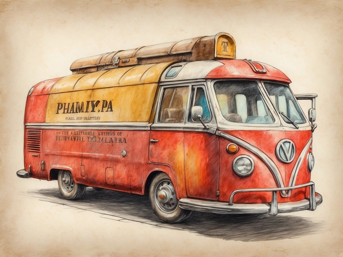 Ein nostalgischer VW-Bus in leuchtenden Rot- und Gelbtönen. Die Vorderseite zeigt das charakteristische VW-Logo. Auf der Seite ist der Schriftzug "PHAM IV PA" in großen, auffälligen Buchstaben zu sehen. Der Bus hat eine abgerundete Form und Fenster, die teilweise geöffnet sind. Die Umgebung wirkt neutral, sodass der Fokus auf dem Fahrzeug liegt. Der Hintergrund ist leicht beige, was den Retro-Charme des Bildes verstärkt. An Bord könnte eine Reiseapotheke sein, die wichtige Medikamente und Utensilien für Reisen enthält.