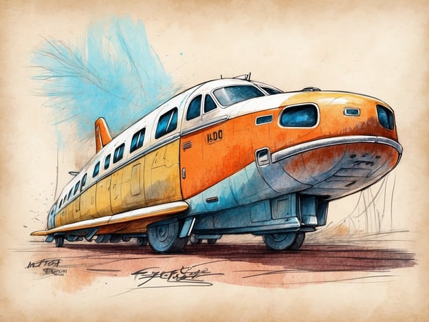 Auf dem Bild ist ein fantasievoll gestaltetes Fahrzeug zu sehen, das an ein futuristisches Flugzeug oder einen außergewöhnlichen Transportmittel erinnert. Die leuchtenden Farbtöne, insbesondere das Orange und Blau, verleihen ihm ein lebhaftes Aussehen. Solch innovative Designs könnten in faszinierenden Shows und Attraktionen vorgestellt werden, etwa in Themenparks oder Science-Fiction-Filmen, wo die Kreativität und Vorstellungskraft der Zuschauer angeregt werden. Die Kombination aus Retro-Stil und futuristischen Elementen macht es besonders ansprechend für Liebhaber von Technik und Abenteuer.