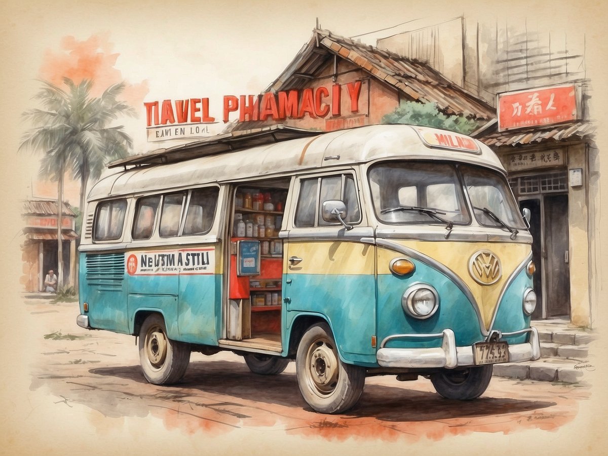 Ein farbenfroher alter Volkswagen-Bus ist an einer Straße in Vietnam abgestellt. Der Bus ist in leuchtendem Blau und Gelb lackiert und hat an der Seite eine große Beschriftung mit der Aufschrift Reiseapotheke. Die Tür des Busses steht leicht geöffnet und bietet einen Blick auf Regale mit verschiedenen Medikamenten und Reiseutensilien. Im Hintergrund sind traditionelle vietnamesische Gebäude und Palmen zu sehen, die eine tropische Atmosphäre schaffen. Das Bild vermittelt ein Gefühl von Abenteuer und Entdeckung auf Reisen durch Vietnam.