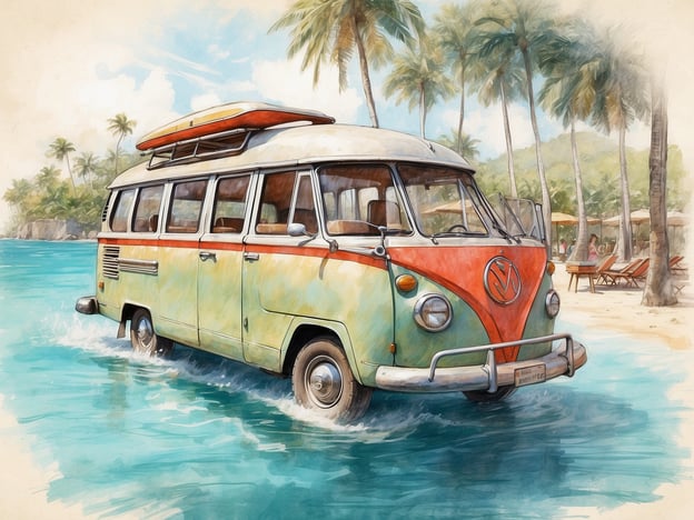 Auf dem Bild ist ein nostalgischer VW-Bus zu sehen, der durch türkisfarbenes Wasser gleitet, umgeben von Palmen und einem schönen Strand. 

Eine Kreuzfahrt im Indischen Ozean bietet viele spannende Aktivitäten und Highlights:

1. **Schnorcheln und Tauchen**: Entdecke die farbenfrohe Unterwasserwelt der Korallenriffe.
2. **Landausflüge**: Besuche exotische Inseln wie Mauritius oder Malediven und erkunde ihre Kultur und Schönheiten.
3. **Strandtage**: Entspanne an traumhaften Stränden und genieße die Sonne.
4. **Wassersport**: Probier Aktivitäten wie Kajakfahren, Wellenreiten oder Parasailing aus.
5. **Kochkurse**: Lerne die Geheimnisse der lokalen Küche kennen und koche traditionelle Gerichte.
6. **Wellness und Spa**: Gönn dir eine entspannende Massage oder Wellnessbehandlung an Bord oder an Land.

Diese Erlebnisse machen eine Kreuzfahrt im Indischen Ozean unvergesslich!