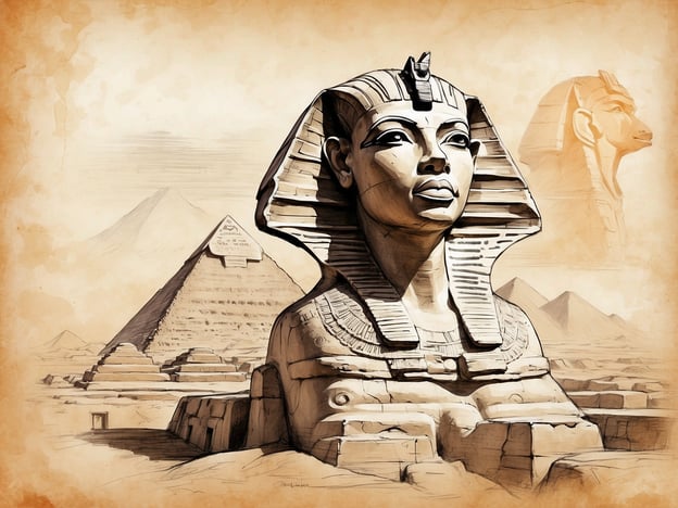 Auf dem Bild entfaltet sich die majestätische Welt der alten Ägypten, in der Pharaonen einst herrschten. Zu sehen ist eine eindrucksvolle Sphinx, die mit ihrem ruhigen, geheimnisvollen Blick die Wüste bewacht. Ihre Gesichtszüge strahlen Weisheit und Macht aus, während der charakteristische Kopfschmuck auf ihre königliche Herkunft hinweist. Im Hintergrund ragen die großen Pyramiden empor, Symbole für ewige Beständigkeit und das Streben nach dem Jenseits. Diese monumentalen Bauwerke sind Zeugen einer Zivilisation, die sich der Unsterblichkeit verschrieben hat und deren Legenden bis heute nachhallen. Tauche ein in diese faszinierende Zeit, als Götter und Menschen einen nie endenden Traum von Macht und Ewigkeit teilten.