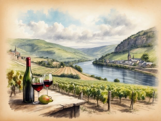 Auf dem Bild ist eine malerische Landschaft entlang der Mosel zu sehen. Im Vordergrund stehen eine Flasche Rotwein und zwei Gläser, gefüllt mit Rotwein, die auf einem Holztisch stehen. Daneben liegt eine Birne. Im Hintergrund erstrecken sich sanfte Weinberge und der Fluss Mosel schlängelt sich durch die Landschaft. Kleine Dörfer mit Kirchtürmen sind ebenfalls sichtbar, umgeben von grünen Hügeln. Diese Szenerie vermittelt ein Gefühl von Weingenuss und der Schönheit der Moselregion.