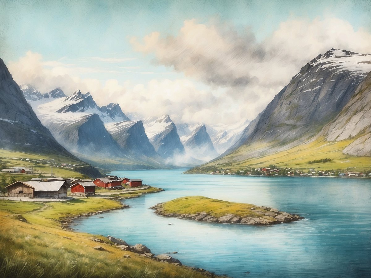 Eine malerische Landschaft mit majestätischen Bergen, die teilweise mit Schnee bedeckt sind. Im Vordergrund fließt ein ruhiger Fluss in sanften Kurven durch die grüne Wiese, an dessen Ufer einige rote und holzverkleidete Häuser stehen. Im Hintergrund erheben sich die Berge, die unter einem klaren blauen Himmel liegen, der mit einigen Wolken durchzogen ist. Diese Szenerie zeigt die natürliche Schönheit der Fjorde und Berge in Norwegen und vermittelt ein Gefühl von Frieden und Abgeschiedenheit.
