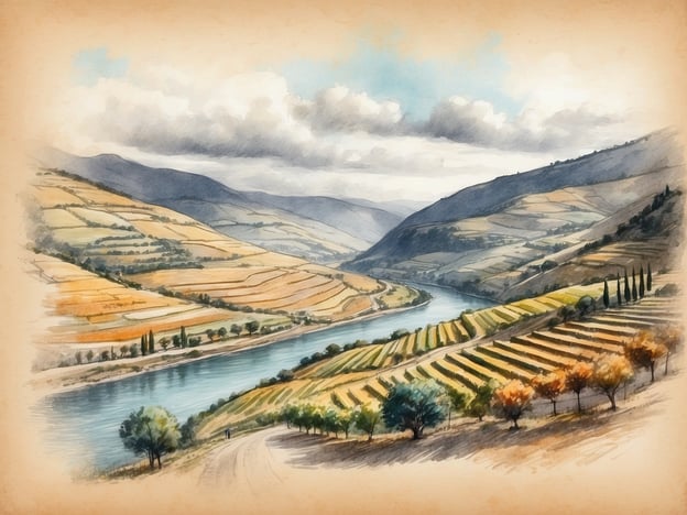 Auf dem Bild ist eine malerische Landschaft des Douro-Tals zu sehen. Man erkennt sanfte Hügel, die mit Weinreben bepflanzt sind, sowie einen Fluss, der sich durch das Tal schlängelt. Die Natur zeigt eine harmonische Farbpalette aus Gelb- und Grüntönen, die mit den Bäumen am Ufer kontrastieren. Diese Szenerie verkörpert die Schönheit des Douro-Tals und lädt dazu ein, die eindrucksvollen Weinlandschaften zu entdecken.