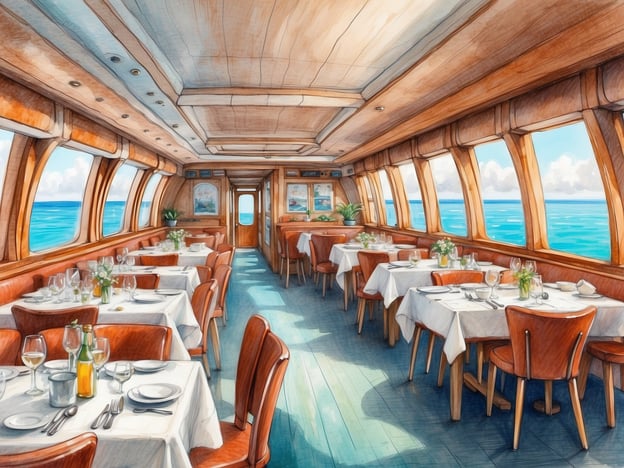 Auf dem Bild sieht man das Innere eines eleganten Restaurants an Bord eines Schiffes. Die Einrichtung strahlt eine warme, einladende Atmosphäre aus, mit Holzpaneelen und großen Fenstern, die einen Blick auf das Meer bieten. Die Tische sind sorgfältig mit weißen Tischdecken, Geschirr und Gläsern gedeckt und vermitteln ein Gefühl von gehobenem Dining.

Kulinarische Genüsse an Bord könnten frische Meeresfrüchte, lokale Spezialitäten oder saisonale Gerichte umfassen, die den Passagieren eine Genussreise durch die maritime Küche bieten. Die Kombination aus der atemberaubenden Aussicht und delikaten Speisen schafft ein unvergessliches Erlebnis.

In den lokalen Restaurants an Land könnten Besucher authentische regionale Gerichte probieren, die die Kultur und Traditionen der Umgebung widerspiegeln. Dies könnte von herzhaften Gerichten bis hin zu süßen Leckereien reichen, die perfekt zu einem Nachmittag am Meer passen.