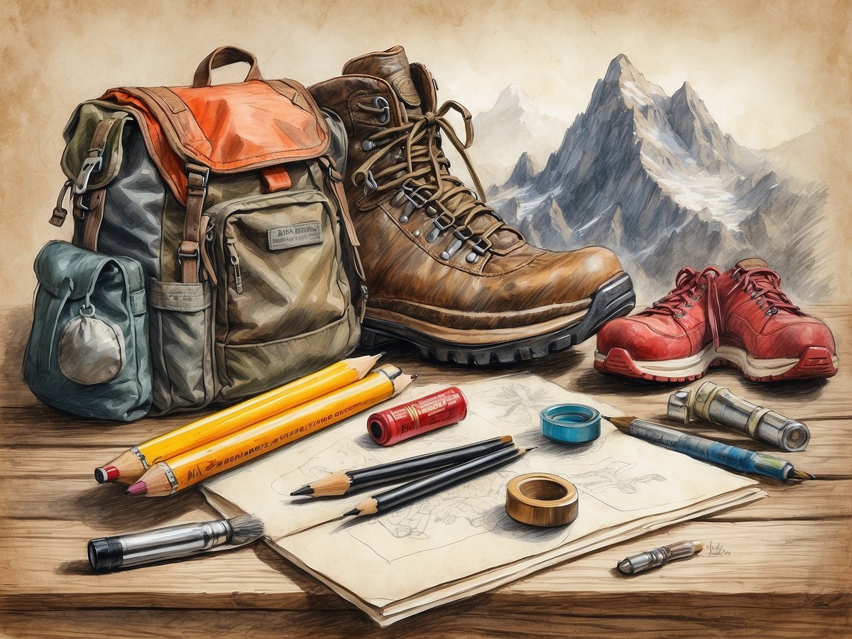 Auf dem Bild sind verschiedene Wanderutensilien abgebildet. Im Vordergrund liegen Bleistifte, Farbmarker und Notizen auf einem Holztisch. Neben diesen Utensilien steht ein Rucksack in Erdtönen mit einem orangefarbenen Deckel. Zu sehen sind zudem ein Paar robuste Wanderschuhe und ein weiteres Paar sportlicher roter Schuhe. Die Hintergrundlandschaft zeigt hohe Berge mit schneebedeckten Spitzen, was auf eine natürliche Umgebung hinweist. Diese Anordnung symbolisiert die Themen Wandern und Reiseapotheke für anspruchsvolle Trails.