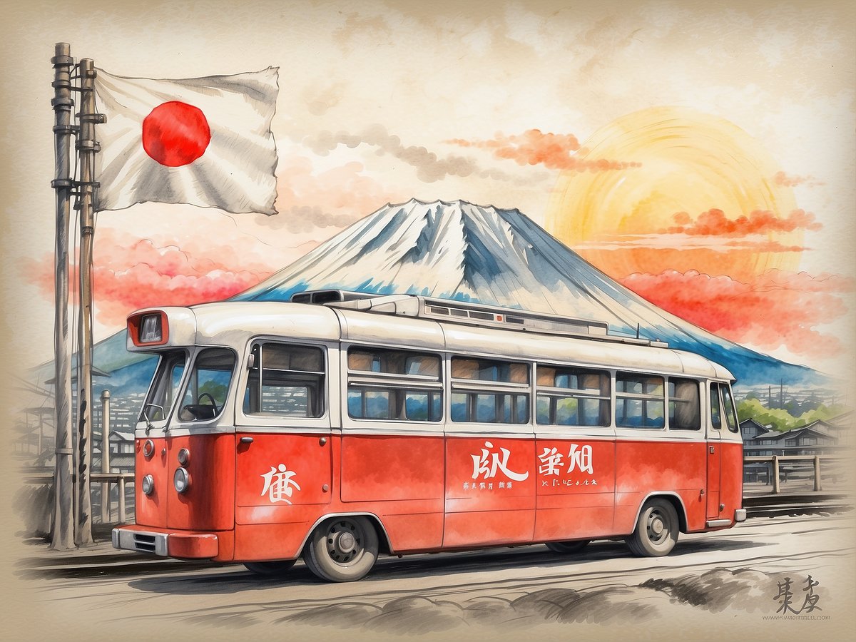 Ein nostalgischer roter Bus steht vor dem majestätischen Fuji-Berg, der im Hintergrund mit schneebedeckten Gipfeln zu sehen ist. Links weht die japanische Flagge, während der Himmel von warmen Farben des Sonnenuntergangs erleuchtet wird. Die Szenerie vermittelt ein Gefühl von Ruhe undTradition in Japan. Der Bus trägt einige Schriftzeichen, die kulturellen Bezug zur japanischen Reise haben.