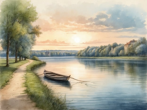 Auf dem Bild ist eine malerische Landschaft an einem ruhigen Fluss, wahrscheinlich der Havel, zu sehen. Ein kleines Boot liegt am Ufer, während die Sonne im Hintergrund aufgeht und den Himmel in sanften Farben taucht. Am Flussrand verläuft ein Weg, gesäumt von hohen Bäumen, die Schatten spenden. Im Hintergrund ist eine alte Architektur zu erkennen, die den historischen Charme der Umgebung unterstreicht. Diese Szene lädt dazu ein, die Schönheit der Havel zu entdecken und die ruhige Natur zu genießen.