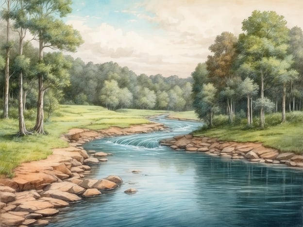 Auf dem Bild ist eine malerische Landschaft zu sehen, die von der natürlichen Schönheit der Peene inspiriert sein könnte. Ein ruhiger Fluss schlängelt sich durch eine grüne Wiese, umgeben von Bäumen, die in verschiedenen Grüntönen leuchten. Die sanften Wellen des Wassers reflektieren die himmlische Umgebung, während die sanften Felsen am Ufer einen natürlichen Rahmen bieten. Dies vermittelt ein Gefühl der Ruhe und Idylle, ideal, um die Vielfalt und den Frieden, die die Peene als Naturparadies bietet, zu entdecken.