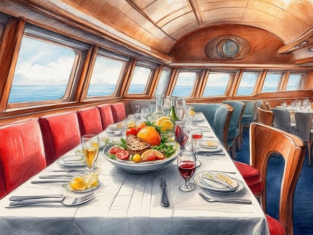 Auf dem Bild ist ein elegantes Restaurant auf einem Schiff zu sehen. Der Tisch ist festlich gedeckt mit verschiedenen kulinarischen Genüssen. Im Mittelpunkt steht eine große Schüssel mit frischem Salat, die mit bunten Obststücken, wie Orangen und Tomaten, dekoriert ist. Zudem gibt es eine Auswahl an Getränken, darunter Schaumwein und Cocktails, die stilvoll auf dem Tisch präsentiert werden. Die gemütliche Atmosphäre wird durch die Fenster unterstrichen, die einen Blick auf das Meer ermöglichen. Diese Szene vermittelt ein Gefühl von Genuss und Entspannung auf hoher See.