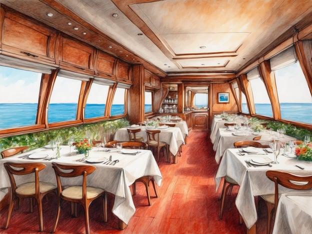 Auf dem Bild ist ein elegantes Restaurant zu sehen, das sich wahrscheinlich an Bord eines Schiffes befindet. Der Raum ist hell und freundlich gestaltet, mit großen Fenstern, die einen Blick auf das Meer bieten. Die Tische sind liebevoll eingedeckt, mit weißen Tischdecken und frischen Blumen in kleinen Vasen. 

Kulinarische Erlebnisse an Bord könnten hier ein luxuriöses Abendessen mit Meeresfrüchten, fangfrischem Fisch oder sogar regionalen Spezialitäten umfassen, begleitet von erlesenen Weinen. Die Atmosphäre ist entspannt und bietet eine perfekte Kulisse für ein unvergessliches Dining-Erlebnis mit Blick auf die Wellen.