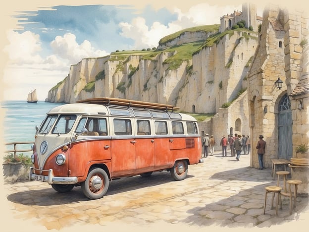 Auf dem Bild ist ein nostalgischer VW-Bus in einer malerischen Küstenlandschaft zu sehen. Die Kulisse zeigt die atemberaubenden Klippen der Normandieküste, die vom Ozean umspült werden. Im Hintergrund erkennt man Menschen, die die Umgebung erkunden, und eine historische Architektur, die den Charme der Region widerspiegelt.

Kulturelle Ausflüge entlang der Normandieküste bieten die Möglichkeit, die beeindruckende Landschaft zu genießen, historische Stätten zu besuchen und die lokale Gastronomie zu entdecken. Die Region ist bekannt für ihre Geschichte, Sehenswürdigkeiten wie die Klosterinsel Mont-Saint-Michel und die berühmten Strände der Landung im Zweiten Weltkrieg.