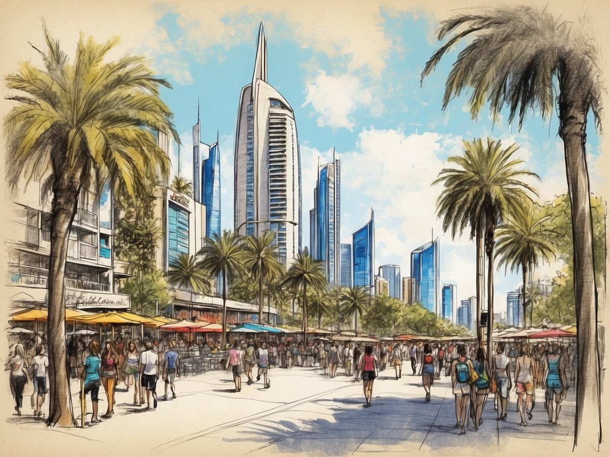 Das Bild zeigt eine belebte Promenade mit vielen Menschen, die entlang der Straße spazieren. Auf beiden Seiten der Promenade stehen Palmen und farbige Sonnenschirme, die Tische in einem gastronomischen Bereich beschatten. Im Hintergrund sind moderne Hochhäuser sichtbar, die den Himmel überblicken. Die Atmosphäre wirkt lebhaft und einladend, ideal für einen entspannten Tag in der Stadt.