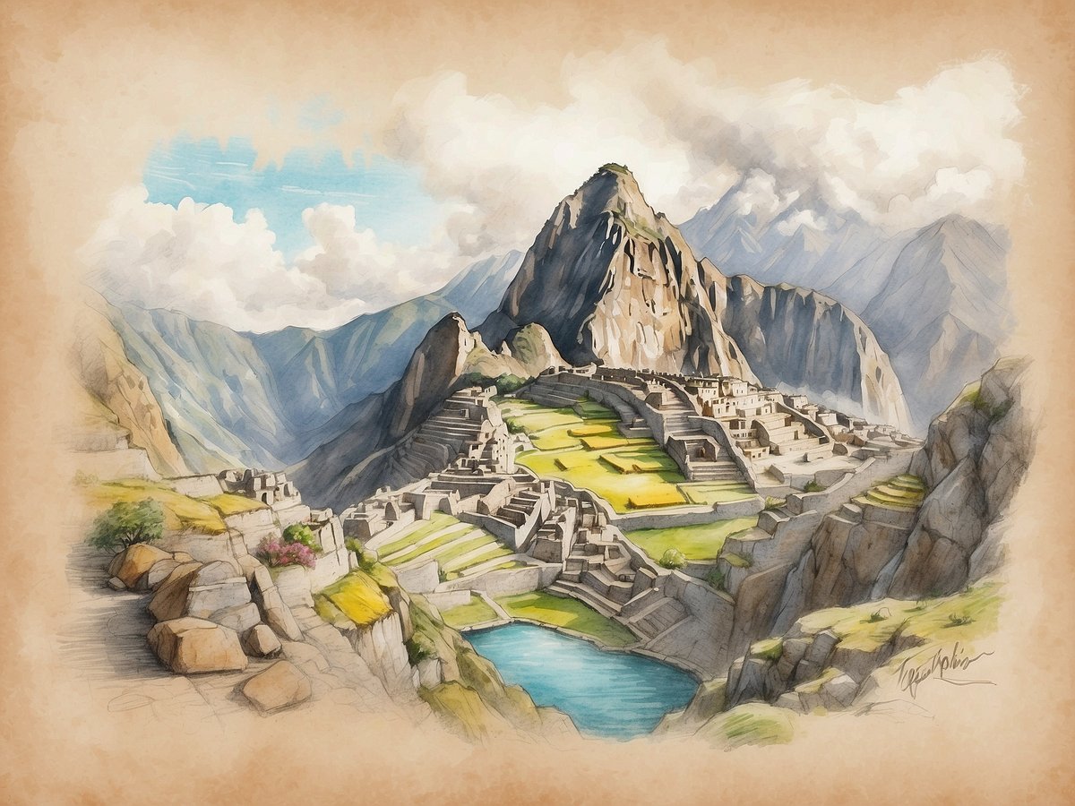 Eine malerische Darstellung von Machu Picchu, umgeben von majestätischen Bergen und einem klaren Himmel mit vereinzelten Wolken. Die alten Inka-Ruinen sind detailliert gezeichnet, mit terrassierten Feldern und einem ruhigen, blauen Gewässer im Vordergrund. Der Blick reicht über die spektakuläre Landschaft, die die beeindruckende Architektur und natürliche Schönheit der Region zeigt. Diese Ansicht ist ideal für Reisende, die sich auf die Spuren der Inka begeben möchten und dabei Wert auf Gesundheit und Wohlbefinden legen.
