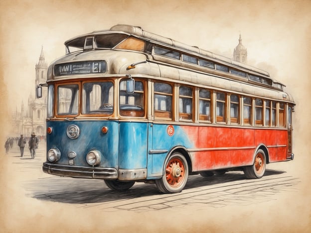 Auf dem Bild ist ein historischer Trolleybus zu sehen, der in einem nostalgischen Stil dargestellt ist. Er hat eine charakteristische blau-rote Farbgebung und ist mit klassischen Details versehen, die an vergangene Zeiten erinnern. Im Hintergrund erkennt man schemenhaft historische Gebäude, die die Atmosphäre einer alten Stadt unterstreichen. Entdecke die historischen Städte, in denen solche Fahrzeuge früher die Straßen bevölkert haben und ein wichtiges Fortbewegungsmittel waren.