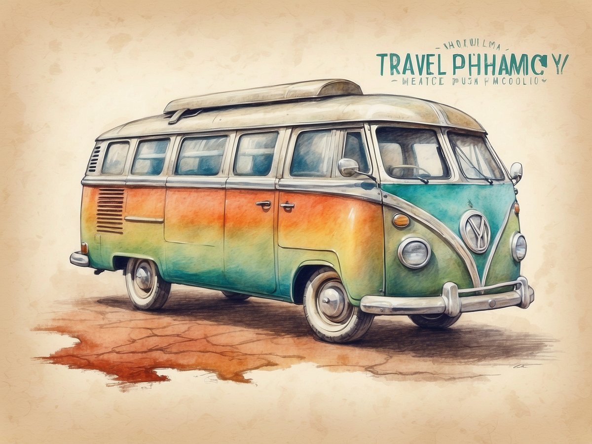 Ein farbenfroher Volkswagen Bus steht auf einer trockenen, rissigen Erde. Der Bus ist in verschiedenen Tönen von Grün, Blau und Orange gestrichen und hat eine nostalgische Ausstrahlung. Im Hintergrund ist ein sanfter, strukturierter Farbverlauf, der eine entspannte Atmosphäre schafft. In der oberen rechten Ecke des Bildes befindet sich der Schriftzug Travel Pharmacy in einem verspielten Stil, der das Thema Reisen und Gesundheit unterstreicht.