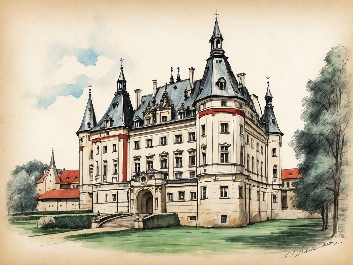 Das Bild zeigt das Schloss Blutenburg in München, umgeben von einer grünen Landschaft. Das Schloss hat mehrere spitz zulaufende Türme und eine elegante Fassade, die mit auffälligen Fenstern und einem zentralen Eingangsportal ausgestattet ist. Im Hintergrund sind weitere Gebäude und Bäume zu sehen, die eine malerische Atmosphäre schaffen. Der Himmel ist leicht bewölkt, was dem Gesamtbild eine sanfte Farbgebung verleiht.