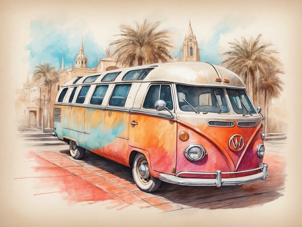 Auf dem Bild ist ein farbenfroher VW-Bus zu sehen, der in einem sommerlichen Umfeld steht. Im Hintergrund sind Palmen und möglicherweise eine historische Architektur zu erkennen, was auf ein angenehmes Urlaubsziel hindeutet.

### Praktische Tipps und Empfehlungen:

1. **Foto-Spot finden**: Solche Szenen eignen sich hervorragend für Fotos. Achte darauf, den Bus mit interessanter Architektur oder Natur im Hintergrund zu kombinieren.

2. **Wanderungen planen**: Wenn du in einer ähnlichen Umgebung bist, plane einen Spaziergang oder eine Radtour, um die Sehenswürdigkeiten in der Nähe besser zu erkunden.

3. **Farbakzente nutzen**: Die lebhaften Farben des Busses geben eine fröhliche Stimmung vor. Denke darüber nach, solche Farben in deinen eigenen Reisen oder Fotografien zu verwenden.

4. **Historisches erkunden**: Wenn du in der Nähe von historischen Städten bist, plane Besuche in Museen oder alten Gebäuden, um mehr über die lokale Geschichte zu lernen.

5. **Zusätzliche Ausrüstung**: Wenn du Fotos machst, nimm verschiedene Objektive mit, um unterschiedliche Perspektiven und Details festzuhalten. Ein Weitwinkelobjektiv könnte hier besonders nützlich sein.

6. **Inspiration sammeln**: Lass dich von solchen Bildern inspirieren, um deine eigenen Abenteuer zu dokumentieren, sei es durch Zeichnungen, Fotos oder Reisenotizen.

Viel Spaß beim Erkunden!