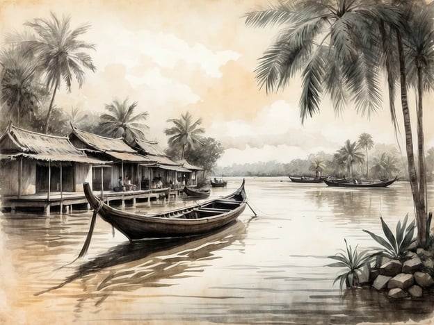 Auf dem Bild ist eine malerische Szene aus dem Mekong-Delta zu sehen. Man erkennt traditionelle, strohgedeckte Häuser am Ufer eines ruhigen Flusses, umgeben von üppigen Palmen. Einige Boote treiben sanft auf dem Wasser, während Menschen auf den Veranden der Häuser sitzen und die friedliche Umgebung genießen. Diese Darstellung zeigt die Schönheit des Mekong-Deltas und vermittelt ein Gefühl von Ruhe und Abgeschiedenheit.