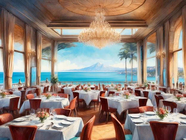 Auf dem Bild ist ein elegantes Restaurant zu sehen, das von großen Fenstern umgeben ist, die einen atemberaubenden Blick auf das Meer und eine malerische Landschaft bieten. Dies erinnert an ein einzigartiges Erlebnis an Bord eines Kreuzfahrtschiffs, bei dem man in einem stilvollen Ambiente speisen kann, während man die Schönheit der Natur genießt. Die Tischdekoration mit Blumen und die gediegene Atmosphäre schaffen ein Gefühl von Luxus und Entspannung, ideal für unvergessliche gastronomische Erlebnisse während der Kreuzfahrt.