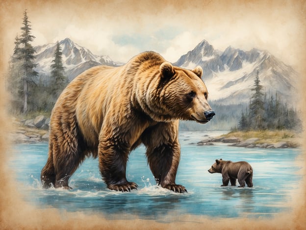 Auf dem Bild sind ein großer Grizzlybär und ein kleiner Bär zu sehen, die in einem klaren Gewässer stehen, umgeben von einer majestätischen Berglandschaft. Solche Begegnungen mit Bären in Alaska sind sowohl eindrucksvoll als auch faszinierend. 

In den fließenden Gewässern suchen Bären oft nach Lachsen, die in dieser Region zahlreich sind. Diese Szenen zeigen die starke Bindung zwischen Mutter und Jungtier, während sie gemeinsam die Umgebung erkunden. Es ist nicht ungewöhnlich, diesen Anblick in Nationalparks wie dem Katmai National Park zu erleben, wo Bären in ihrer natürlichen Umgebung beobachtet werden können. Diese Momente sind prägend für jeden, der die Natur und Tierwelt hautnah erleben möchte.