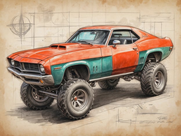 Auf dem Bild ist ein farbenfroher, umgebauter Oldtimer zu sehen, wahrscheinlich ein muscle car, das auf großen, offroad-tauglichen Reifen montiert ist. Die vordere Karosserie ist in Orange und Türkis lackiert, während der Hintergrund technische Zeichnungen oder Skizzen zeigt. 

Wenn du mir genauere Fragen oder Aspekte zu dem Bild stellen möchtest, lasse es mich wissen!