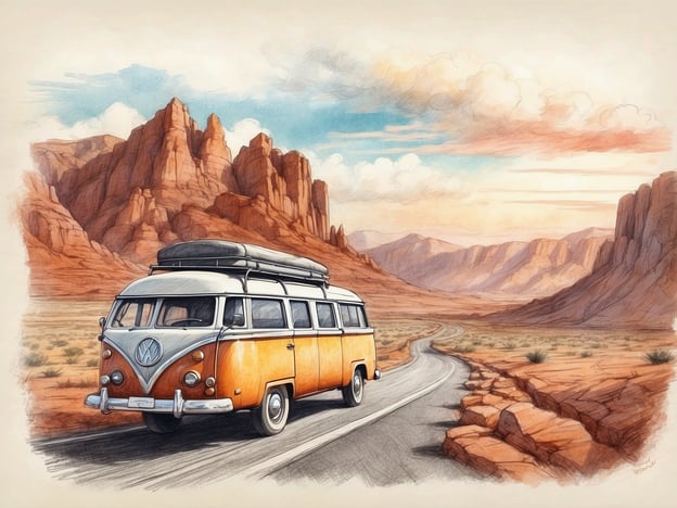 Auf dem Bild ist ein nostalgischer Volkswagen Bus zu sehen, der auf einer kurvenreichen Straße in einer beeindruckenden Wüstenlandschaft fährt. Die Umgebung ist geprägt von roten Felsen und majestätischen Bergen, die zur Kulisse eines unvergesslichen Roadtrips einladen.

**Reiseroute und Highlights:**

1. **Route 66**: Diese ikonische Straße könnte Teil der Reise sein, die von Chicago nach Santa Monica führt und durch einige der schönsten Landschaften der USA verläuft.

2. **Monument Valley**: Die charakteristischen roten Felsen erinnern an diesen Ort, der für seine atemberaubenden Aussichten und seine kulturelle Bedeutung bekannt ist.

3. **Grand Canyon**: Ein Abstecher zum Grand Canyon wäre ebenfalls empfehlenswert, um die überwältigende Naturgewalt der Schlucht zu erleben.

4. **Zion Nationalpark**: Auf dem Weg könnte auch ein Besuch im Zion-Nationalpark geplant werden, bekannt für seine spektakulären Felsformationen und Wanderwege.

Dieser Roadtrip verspricht Abenteuer und unvergessliche Erlebnisse in einer einzigartigen Landschaft!