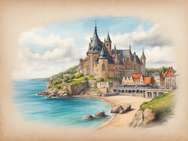 Auf dem Bild ist ein malerisches Schloss am Meer zu sehen, das majestätisch auf einer Klippe thront. Es zeigt eine beeindruckende Architektur mit spitzen Türmen und einem historischen Flair. Vor dem Schloss erstreckt sich ein Sandstrand, der von kristallklarem Wasser umgeben ist. Diese Szenerie vermittelt eine friedliche und romantische Stimmung und könnte eine der vielen schönen Landschaften in Luxemburg oder einem seiner Nachbarländer darstellen. Luxemburg ist bekannt für seine charmanten Städte und atemberaubenden Landschaften, die oft als versteckte Juwelen der Beneluxstaaten betrachtet werden.