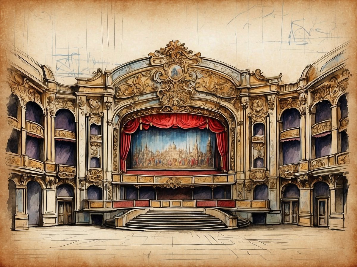 Das Bild zeigt das Cuvilliés-Theater in München, ein prachtvoll gestaltetes historisches Theaterinnere. Im Zentrum steht die Bühne, die mit einem roten Vorhang und einem eindrucksvollen Hintergrundgemälde verziert ist. Die Seitenarchitektur des Theaters ist reich verziert, mit goldenen Ornamenten und eleganten Bögen. Die Zuschauerbereiche sind in mehreren Ebenen angeordnet und bieten eine atemberaubende Sicht auf die Bühne. Der Boden ist gefliest und die gesamte Atmosphäre vermittelt einen Hauch von historischem Charme und prunkvollem Design.