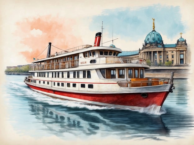 Auf dem Bild ist ein stilvolles Fahrgastschiff zu sehen, das auf einem Gewässer fährt. Es trägt den Namen "Berlin" und hat ein charakteristisches rot-weißes Design. Im Hintergrund sind beeindruckende Architektur und möglicherweise ein Berliner Wahrzeichen zu sehen, was darauf hindeutet, dass es sich um eine Kreuzfahrt auf der Spree in Berlin handelt. Solche Kreuzfahrten bieten tolle Ausblicke auf die Stadt und ihre Sehenswürdigkeiten, während man entspannt auf dem Wasser fährt.