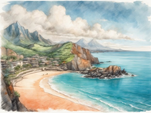 Auf dem Bild ist eine malerische Küstenlandschaft zu sehen, die an die schönsten Reiseziele in Hawaii erinnert. Man sieht sanfte, grüne Hügel und majestätische Berge im Hintergrund, während sich am Strand helles, feines Sand und azurblaues Wasser erstreckt. Die Szene könnte gut den berühmten Na Pali Coast oder die Strände von Kauai widerspiegeln, die für ihre beeindruckende Natur und Schönheit bekannt sind. Die entspannte Atmosphäre mit wenigen Menschen im Vordergrund verstärkt den Eindruck eines paradiesischen Urlaubsorts.