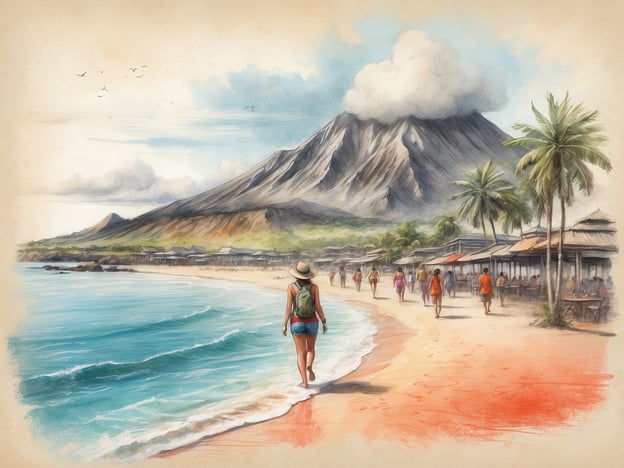 Auf dem Bild ist eine malerische Küstenlandschaft zu sehen, die typisch für eine Hawaii-Kreuzfahrt ist. Im Vordergrund geht eine Person am Strand entlang, während im Hintergrund ein majestätischer Vulkan steht. Entlang der Küste sieht man weitere Strandbesucher und einige Hütten oder Restaurants, die einladend wirken. 

Aktivitäten, die man auf einer Hawaii-Kreuzfahrt genießen kann, sind zum Beispiel:

- Schwimmen und Schnorcheln in den klaren Gewässern
- Wandern zu den Vulkanen oder in den tropischen Wäldern
- Genießen von lokalen Speisen in Strandcafés
- Strandspaziergänge und Entspannen unter Palmen
- Teilnahme an kulturellen Veranstaltungen oder Luau-Feiern

Diese Aktivitäten reflektieren die Schönheit und das einzigartige Erlebnis, das Hawaii zu bieten hat.